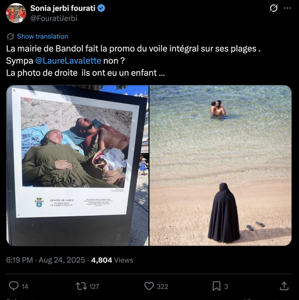 La Mairie de Bandol finance une campagne de pub faisant la promotion du port du voile sur la plage de Rénécros.