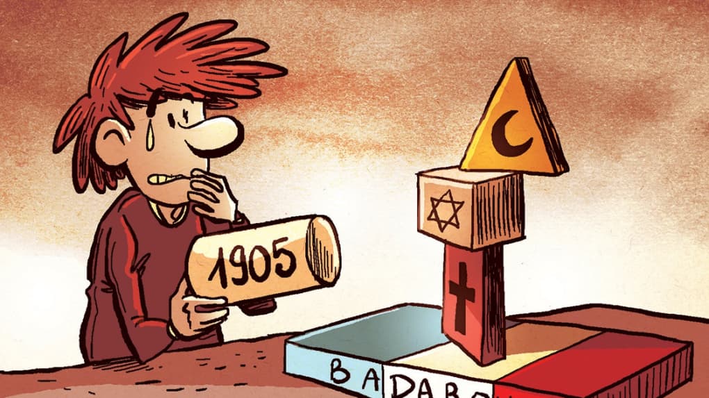 Illustration symbolique de la loi de 1905 et de l’équilibre fragile entre religions dans l’espace public